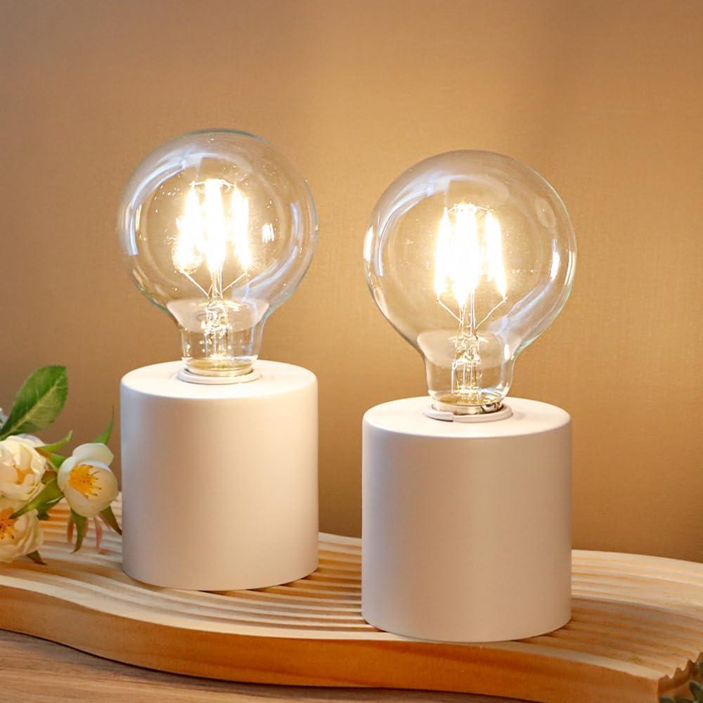 JHY DESIGN Set of 2 White Table Lamp Battery Powered 7" Tall Cordless Lamp Light with Edison Style Bulb Battery Operated Great for Living Room Bedroom Weddings Parties Patio Events