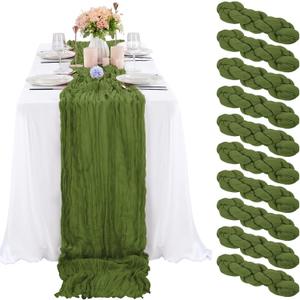 10 Pcs Olive Green Cheesecloth Table Runner 10FT, Gauze Table Runner for Wedding Reception Sheer Bridal Shower Birthday Party Boho Table Decoration, Rustic Romantic Wedding Runner