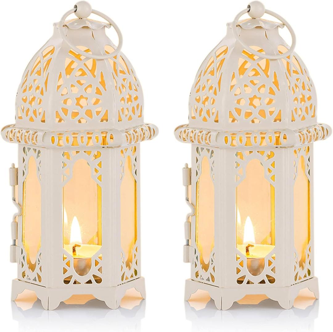 NUPTIO 2 Pcs Moroccan Style Candle Lantern - Small Sized Tealight Candle Holder with Transparent Glass Panels Great for Patio, Indoors/Outdoors, Events, Parties and Weddings, White