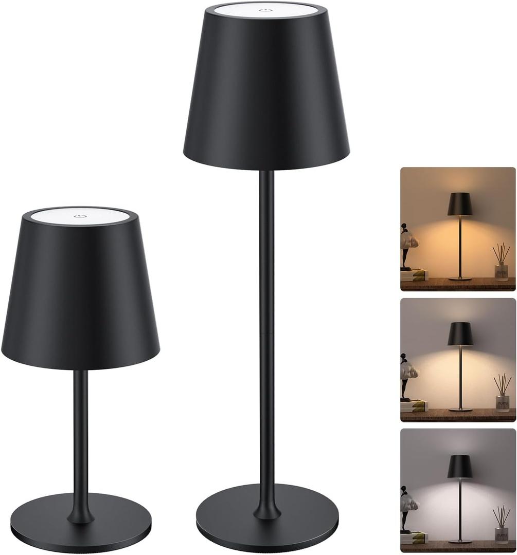 JACKYLED Cordless Table Lamps Rechargeable, 3 Adjustable Height, 5000mAh Battery Operated, 3 Colors Smooth Dimming, Portable LED Waterproof Table Lamp for Dining, Bedroom, Outdoor (2 Pack) (Black)