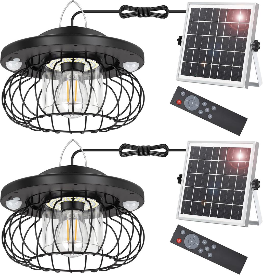 Ropelux Solar Shed Light Outdoor Indoor, Bright 3000LM 5 Modes Lamp with 3 Color Temps Dual Motion Sensor Remote, Hanging Pendant Lights for Gazebo Barn Garage Shop, 2 Pack