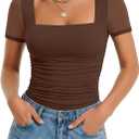 Avidlove Women's Short Sleeve Bodysuit Square Neck Sheer Mesh Bodysuit Leotard Ruched Thong Body Date Outfits Going Out Tops, Medium