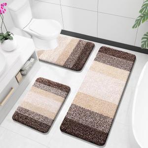 OLANLY Bathroom Rugs Sets 3 Piece, Soft Absorbent Microfiber Bath Mats and U-Shaped Contour Toilet Rug, Plush Shaggy Bath Mat Set for Bathroom (47"x20"+24"x16"+24"x20", Brown)