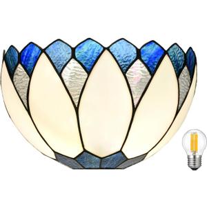 WL0006 Blue White Lotus Tiffany Style Wall Sconce Stained Glass Wall Light Fixtures for Hallway Stairway Bedroom Livingroom, 12 Inches Wide(Blue White)