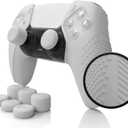 SensePro PS5 Controller Skin | Dock Compatible, Soft Flat Anti-Slip Studded Silicone Gel Grip Cover for Playstation 5 Dualsense, Rubber Protector Plus 8 Raised Thumb Grip Caps (PS5 White)