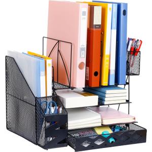 4-Tier Desk Organizer, Paper Letter Tray with Sliding Drawer and 2 Pen Holders, Mesh File Organizer with 4 Vertical File Rack, Desktop Storage for Office(Black)