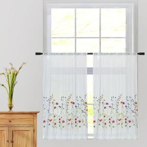 KFL027 Sheer Embroidery Pastoral Style cafecurtain, White Sheer Tiers for Windows 2 Panels (Wild Flower, W30 XL24 X2 Tiers)