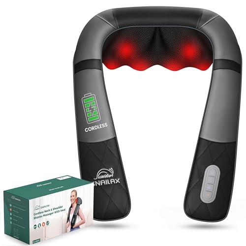 Snailax Rechargeable Neck Massager with Heat, Shiatsu Back and Neck Massager, Cordless Portable Deep Kneading Shoulder Massage Pillow, Gifts for Dad Mom