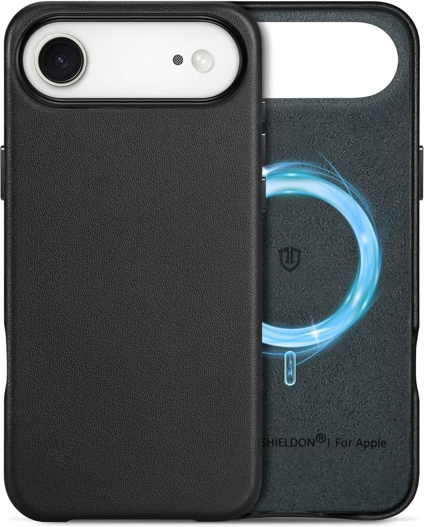 SHIELDON Genuine Leather Case for iPhone Air 6.5" 2025 | Compatible with Magsafe, Magnetic Wireless Charging, Anti-Scratch, Shockproof, Metal Buttons, Camera Bezel, Protective Phone Cover - Black