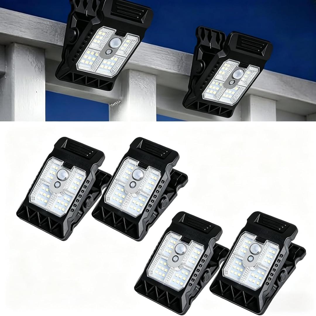 4 Pcs Waterproof Solar Clip Light with Motion Sensor,Portable Solar Powered Outdoor LED Light,3 Modes Adjustable Clip On Lamp for Garden,Garage,Camping,Home Emergency, Multifunctional Lighting