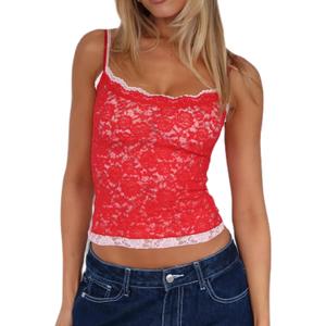 Meihuida Women Lace Top Sexy See Through Y2k Going Out Tank Camisole Summer Party Concert Streetwear Red and Pink - Small 