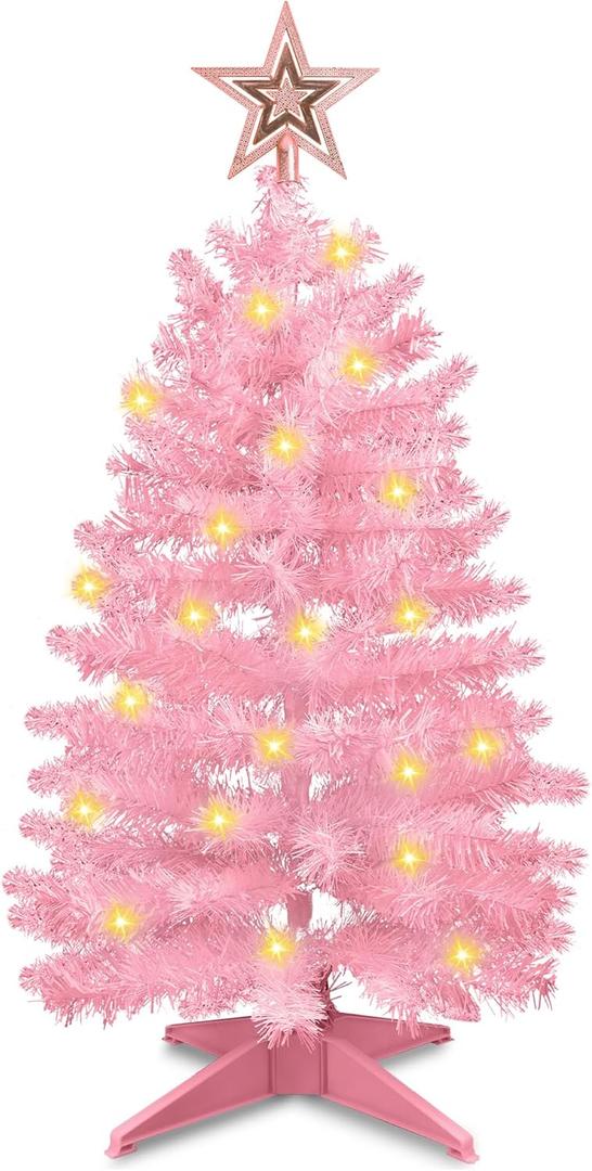 3 Feet Pink Christmas Tree with Lights, 8 Modes Timer 50 Warm White Lights Battery Operated Small Artifical Full Christmas Tree for Indoor Home Office Tabletop Xmas Holiday Decorations