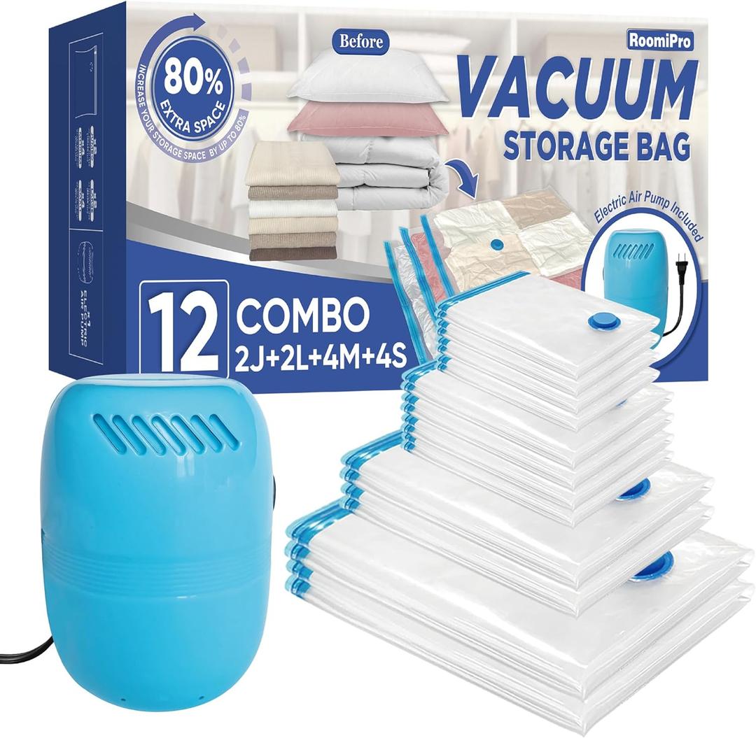 Vacuum Storage Bags with Electric Pump, 12 Pack (2 Jumbo/2 Large/4 Medium/4 Small), Space Saver Bags with Pump, Storage Vacuum Sealed Bags for Clothes, Comforters, Blankets, Bedding
