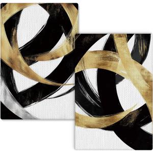 Modern Black and Gold Kitchen Towels, Abstract Black White and Gold Hand Towels for Bathroom Decor, Minimalist Dish Towels for Kitchen Decor, 16x24 Inch (Set of 2)(Style 08)