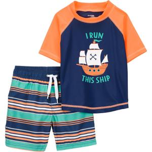 Simple Joys by Carter's Toddlers and Baby Boys' Swimsuit Trunk and Rashguard Set (5T, Navy Orange Ships/White Stripe)