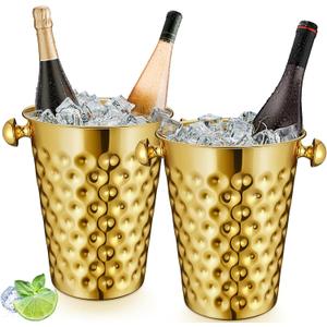 MorningRo 2 Pcs Gold Metal Champagne Ice Bucket 4.7 L Stainless Steel Doublewall Wine Ice Bucket for Bar, Party, Wedding, Banquet, Outdoor, BBQ(Hammer Texture)