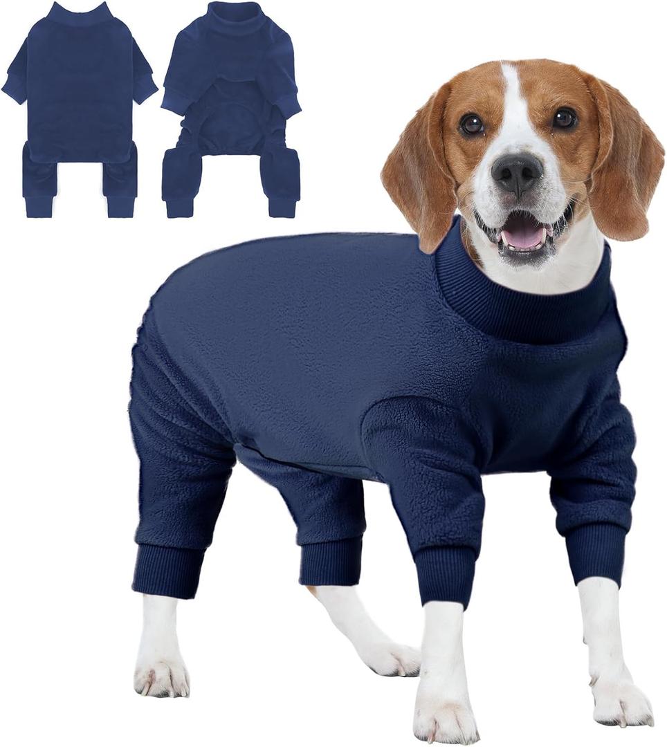 IECOii Dog Cold Weather Coat, Fleece Dogs Sweaters with Long Sleeves for Small Medium Breeds Boy, Warm & Stretchy Pajamas Jammies for Indoor Outdoor, Machine Washable,Navy Blue, Size L (Large(Chest: 23.6in))