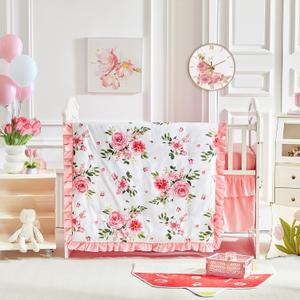 3 Pieces Flowers Crib Bedding Set Baby Ruffled Quilted Comforter with Fitted Sheet and Bed Skirt - Cute Ruffled Shabby Chic Baby Bedding Soft Blanket Floral Design