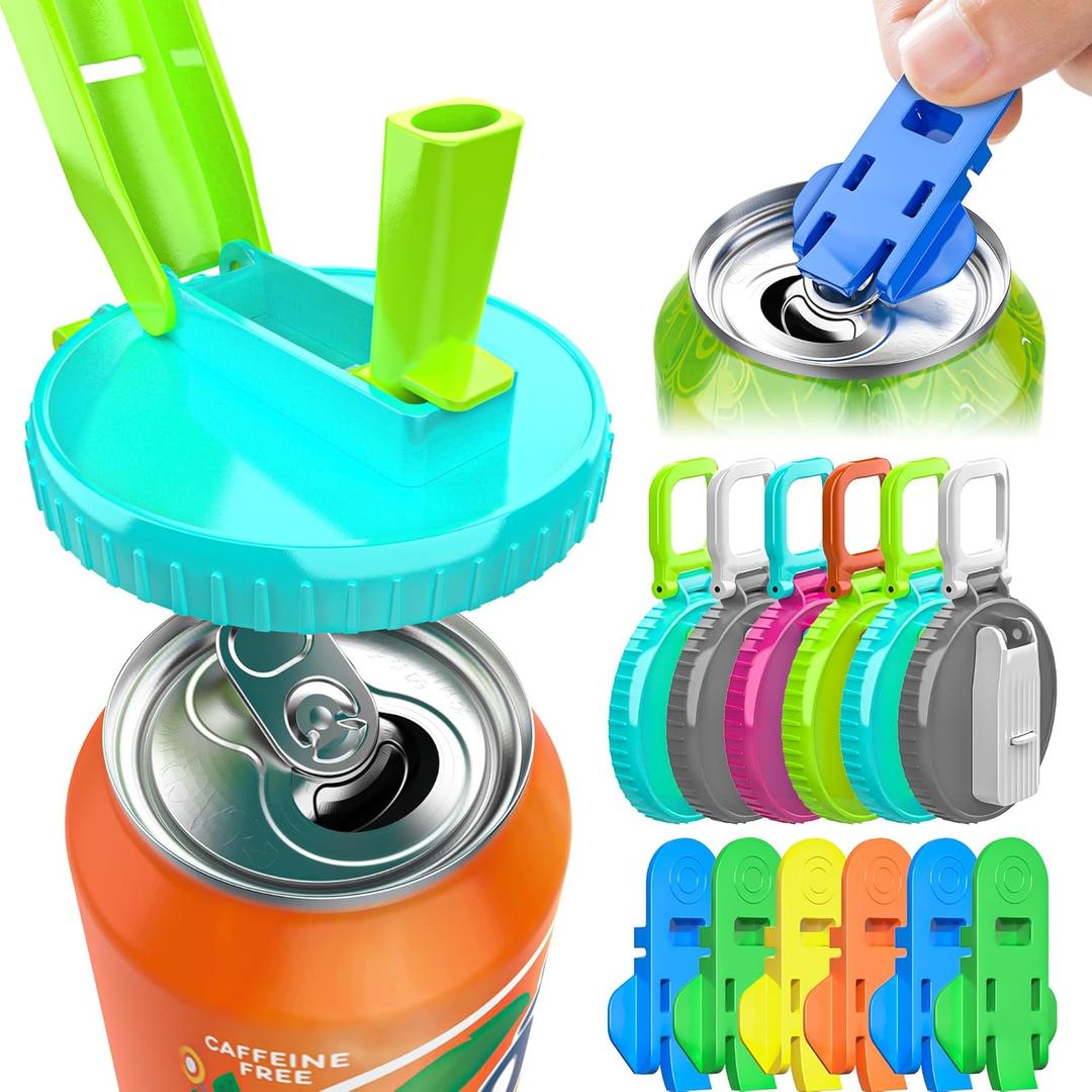 4pcs Soda Can Lids with Straws(with 1 straw brush and 4 Easy Can Openers) Reusable BPA-Free Can Covers for Soda, Beer & Energy Drinks, Universal Fit 2.13inch/54mm Cans, Helps Keep Drinks Fresh & Clean