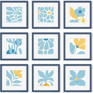 12x12 Picture Frame Set of 9, Photo Gallery Wall Frame Set, Display Pictures 8x8 with Mat or 12 x 12 Without Mat, Square Frame Picture Frames Collage Wall Decor, Blue