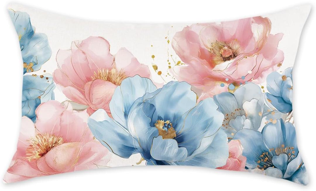 ONWAY Spring Floral Lumbar Pillow Cover 12x20 Inch Farmhouse Blue Pink Flowers Chinoiserie Decorative Pillowcase Outdoor Patio Cushion Case for Sofa Couch Home