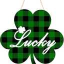 Shamrock Wooden Hanging Sign for Spring Summer, Buffalo Plaid Lucky Decorations Wall Hanger for Front Door, Farmhouse Wood Wreath for Indoor Outdoor Decor