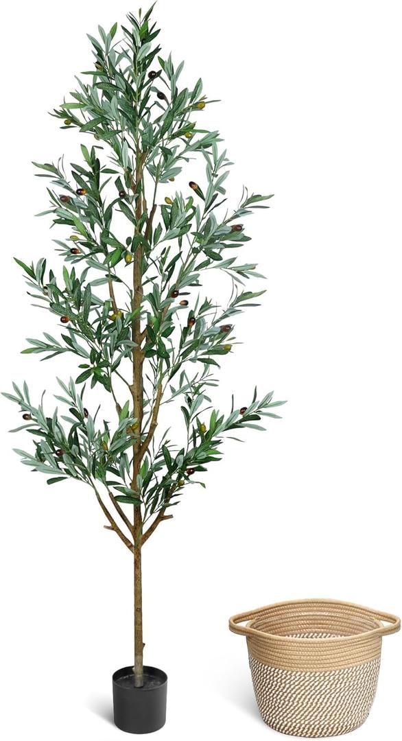 Faux Olive Tree 6ft, Olive Trees Artificial Indoor with Planter and Basket, Tall Fake Tree with Realistic Leaves and Fruits for Home Living Room Bedroom Outdoor Decor