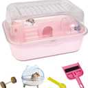 Hamiledyi Dwarf Hamster Cage Clear Plastic Small Hamster Cage Portable Carrier with Water Bottle Exercise Wheel Bathtub Box Set Toy for Dwarf Baby Hamster (Pink)