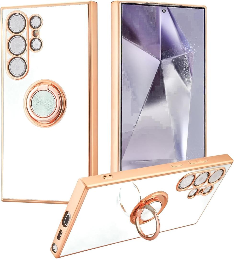 Shockproof Case for Samsung Galaxy S25 Ultra, with 360 Rotatable Ring Holder Magnetic Kickstand, Plating Rose Gold Edge Slim Soft Protective Cover, White