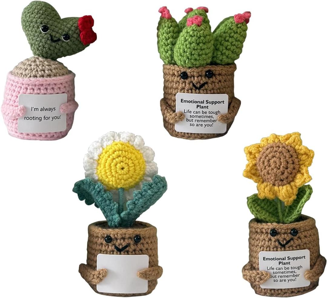 2 x Okra 4PCS Handmade Crochet Plants Set - Cactus & Sunflower, Emotional Support Crochet Doll | Small Gifts for Girlfriend, Women, Boyfriend, Husband & Friends, Positive Crochet Gifts for Her & Him