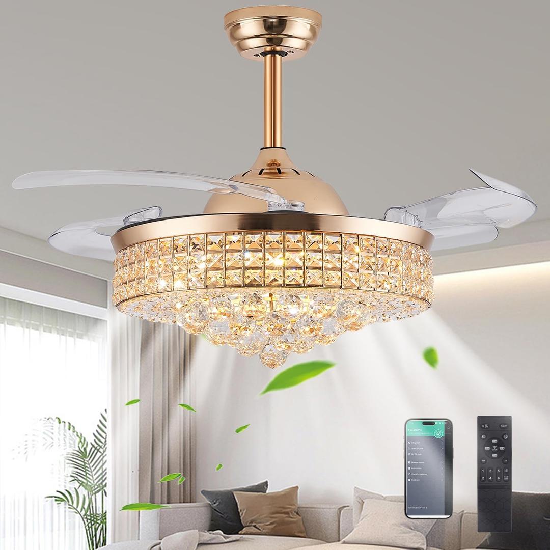 48" Dimmable Gold Fandelier Ceiling Fans with Lights and Remote Modern Retractable Blade Crystal Chandelier Ceiling Fan for Bedroom Dinning Room Living Room