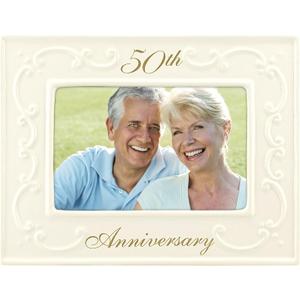 Malden International Designs Glazed Ceramic With Gold Accents 50th Anniversary Picture Frame, 4x6, White