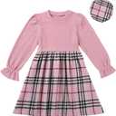 Girls Fall Winter Dress Plaid Ribbed Ruffle Long Sleeve Dress with Beret Hat 2Pcs Girls Casual Party Dresses for 6-12 Years (Pink)