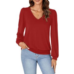 Vrtige Women's Casual Banded Bottom V Neck Puff Long Sleeve Tunic Top Blouse Shirt (Medium)