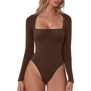 QINSEN Women's Sexy Square Neck Bodysuit Long Sleeve Double Lined Shirt Tops (Brown, XS)