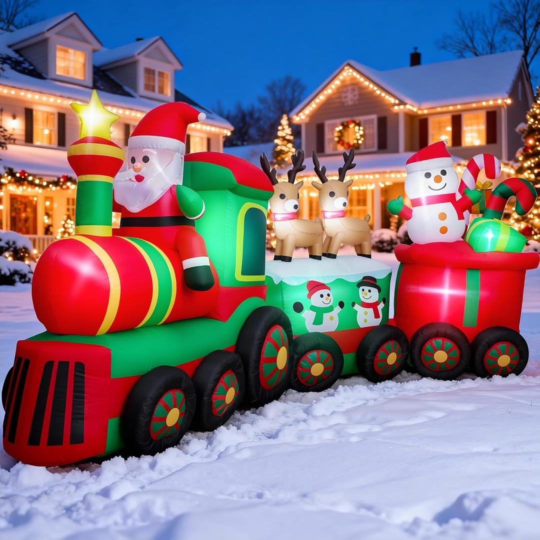 11 FT Long Christmas Inflatables Train with Santa Claus Reindeer Snowman Outdoor Decorations Blow Up Yard with Built-in LEDs for Lawn Garden Holiday Indoor Party Decor