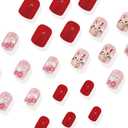 MIXFOSAHN Easter Press on Nails Short Square Fake Nails Nude Pink False Nails with Grid Flowers Designs Rabbit Glossy Stick on Nails Glue on Nails Easter Nails Acrylic Nails for Women Girls 24 Pcs
