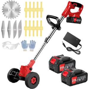 Electric Weed Wacker Cordless with Wheels, 2pcs Batteries&4 Types Blades,Lightweight, Low Noise Weed Trimmer 21V stringless Weed Wacker, Grass Trimmer/Brush Cutter/Edger, for Thick Weeds&Yard Garden, 33~47 inches