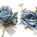 MAFELOE Artificial Rose Corsage Boutonniere Set for Groom Bride Groomsmen Bridesmaids, Simulated Flowers Accessories Wedding Party Prom Suit Decorations-2 Pieces of Retro Blue