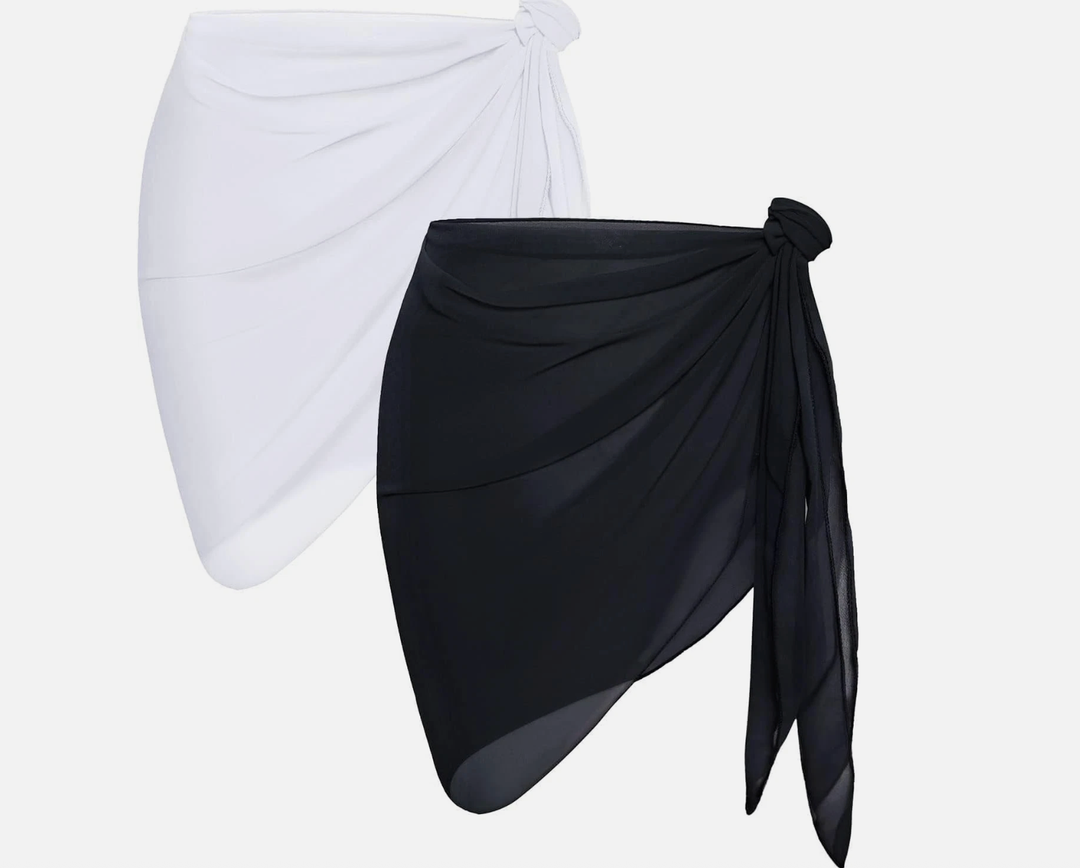 CHICGAL 2 Pieces Women Beach Sarong Bathing Suit Wrap Skirt Sheer Bikini Swimsuit Cover Ups for Swimwear (Black and White)