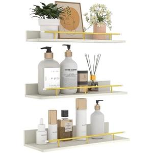 Giftgarden 16 Inch White Floating Shelves with Gold Metal Guardrail, Wood Shelves for Wall Storage Set of 3, Wall Shelf for Bathroom Bedroom Living Room Kitchen Nursery