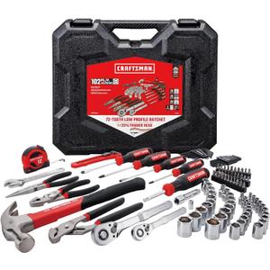 CRAFTSMAN 102-Piece Tool Kit for Home and Car, Durable Hand Tools Set with SAE and Metric Socket Set, Screwdrivers, Wrench, Hammer, Pliers, Knife, Hex Keys, Specialty Bits, Tape Measure (CMMT99449)