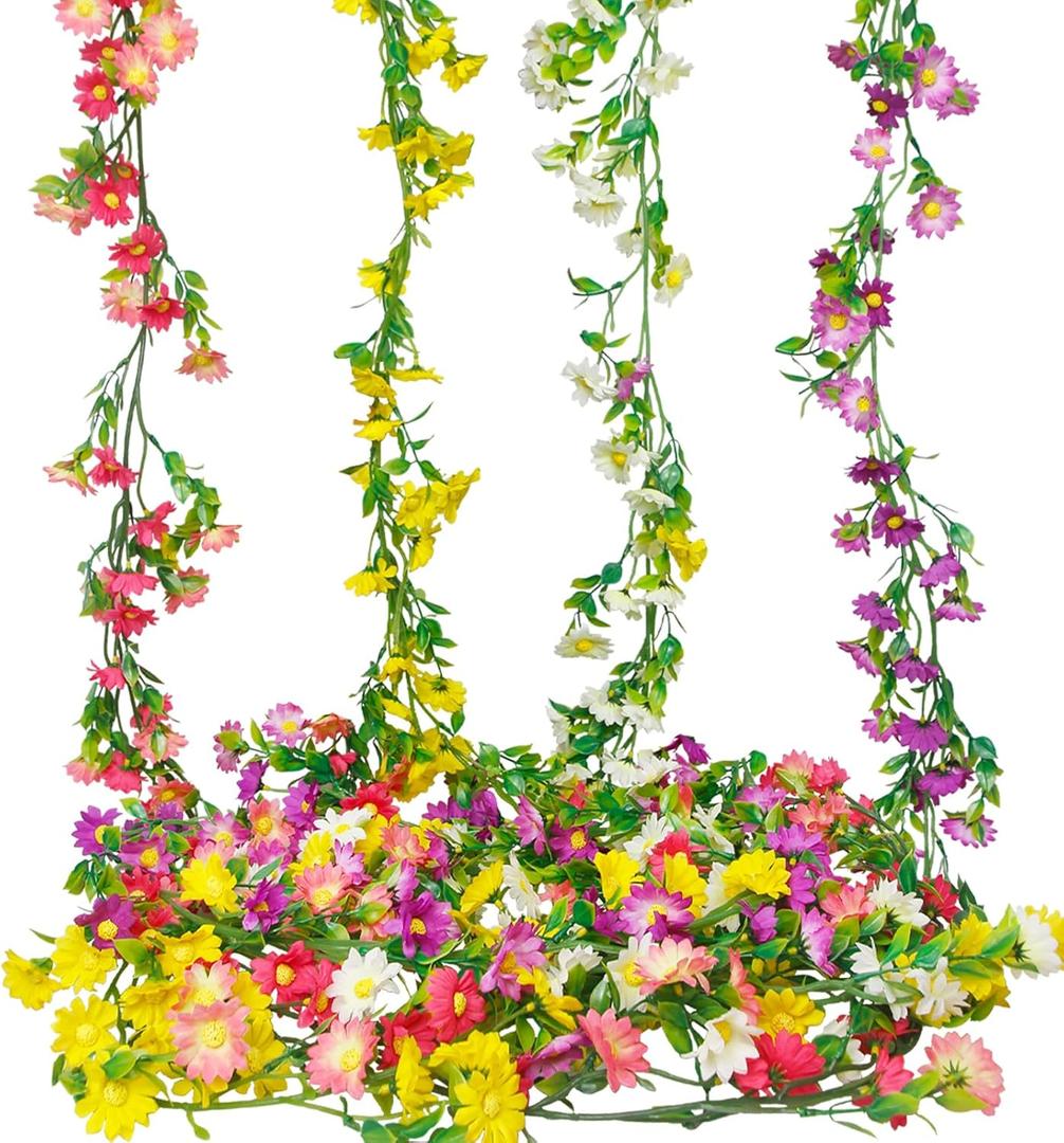 CISDUEO 4 Pcs Artificial Daisy Flowers Vine Silk Flower Garland for Mantle Colorful Fake Flower Vine Hanging Ivy with Daisy Flowers for Wall Party Wedding Arch Indoor Home Decor Spring Summer Outdoor