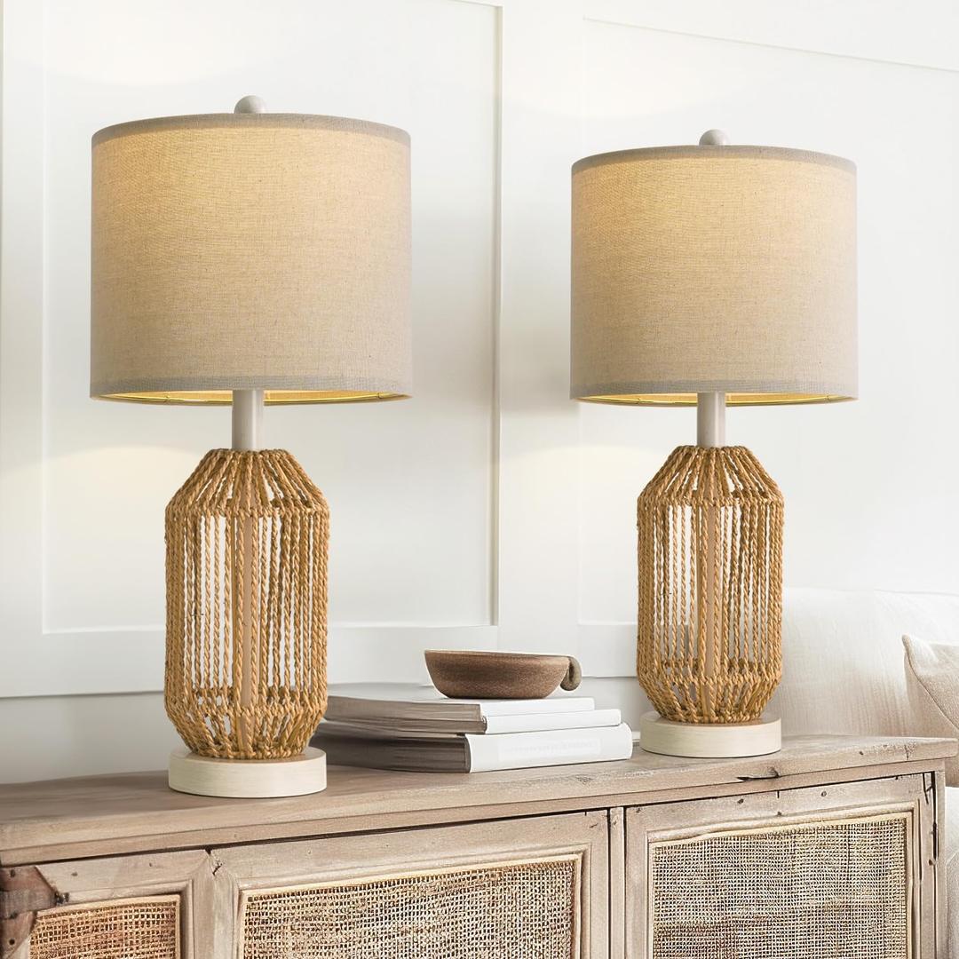 OYEARS 21" Boho Table Lamps Set of 2 for Living Room, Bedside Lamps for Nightstand, Rattan Lamp for Bedroom, Farmhouse Table Lamps for Boho Decor, End Table, Retro, White