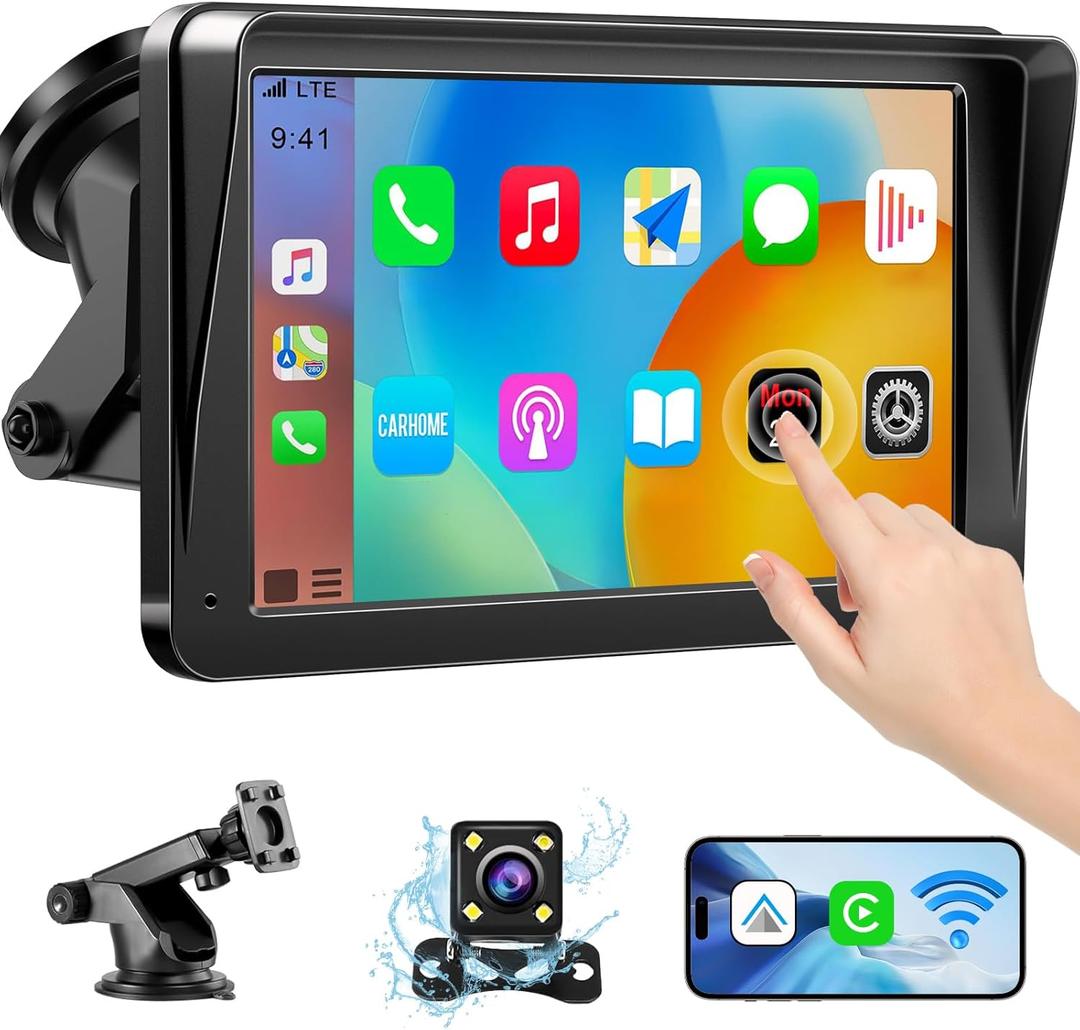 Portable Wireless Carplay Screen for Car Apple Carplay&Android Auto, 7" HD Touch Screen Car Stereo with 1080P Backup Camera/GPS Navigation/Mirror Link/Voice Control/Aux Fits Cars