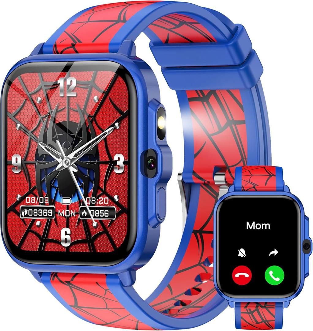 Smart Watch for Kids Boys Age 5-12, Ai Functions Games HD Touch Screen Watches with Video Camera Music Player Pedometer Heart Rate Sleep Tracker Christmas Birthday Gifts for Boys (Blue and Red, 1.85")
