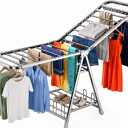 Stainless Steel Clothes Drying Rack, 71-Inch (180cm) Heavy Duty Rust-Resistant Foldable Laundry Rack with Wheels, 3-Tier Height-Adjustable Wings, Shoe Shelf, Indoor Outdoor Use, Large