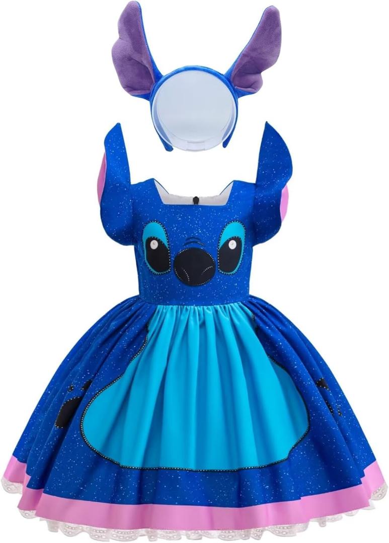 Hawaiian Costume for Girls Cartoon Mouse Tulle Dress with Headband (9-10 Years, Blue)