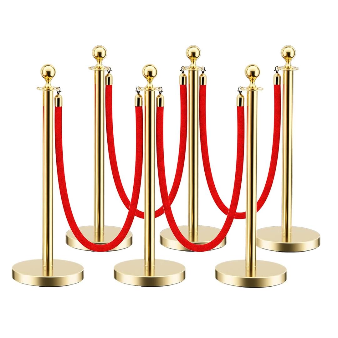 LOVMOR 6PCS Gold Stanchion Posts Queue, 38 Inch Red Velvet Rope, 5 FT Red Carpet Ropes and Poles, Crowd Control Barriers Queue Line Rope, Barriers for Party Supplies (Gold-6pack)