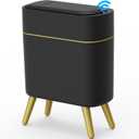 Yatmung Bathroom Trash Can Automatic Touchless Modern Smart Trash Bin - Narrow Waste Basket for Bedroom, Laundry Room, Office, Plastic - Motion Sensor Garbage Can with Lid - Black with Gold Edge